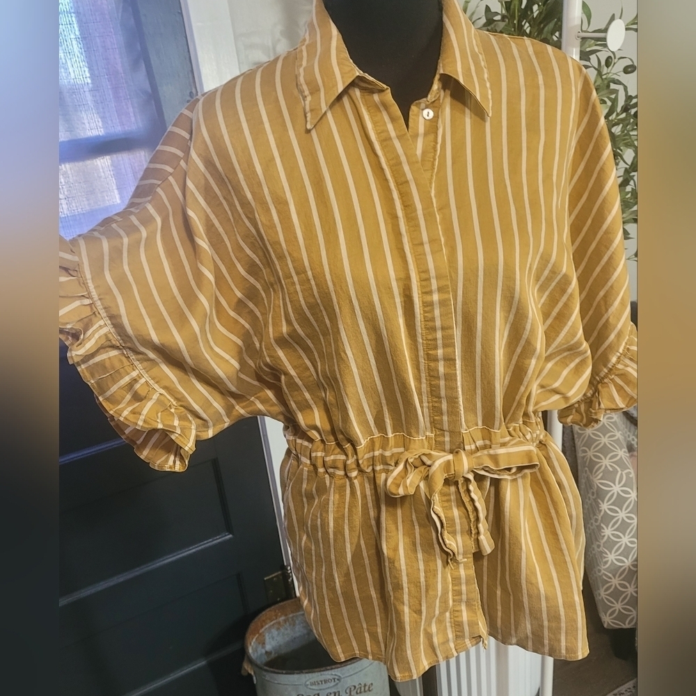 Zara Woman Striped Button Down Peplum Style Top Ruffled Sleeves Small - Picture 2 of 6